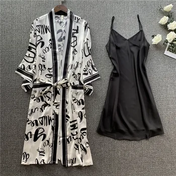 

FZSLCYIYI sexy women's robe & gown sets twinset bathrobe + mini night dress two pieces sleepwear womens sleep set faux silk