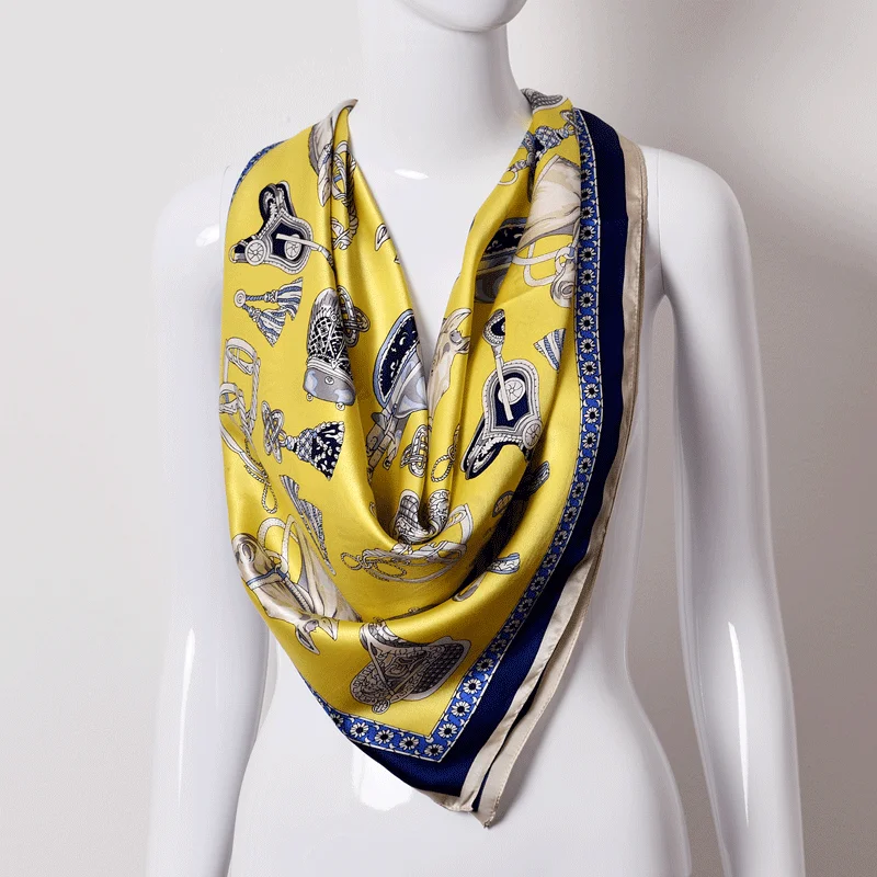 Женский шелковый шарф квадратный брендовые шали и палантины для дам винтажные желтые квадратные шелковые шарфы с принтом 88*88 см бандана