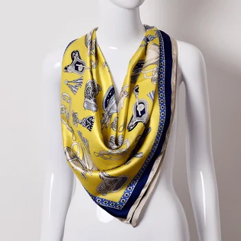 

Women 100% Silk Scarf Square 2020 Brand Shawls and Wraps for Ladies Vintage Yellow Printed Square Silk Scarves 88*88cm Bandana