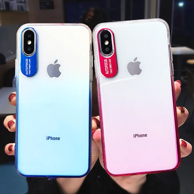 

Metal Lens Letters Case Protector For iPhone XR XS Max XS 6 6S 7 8 Plus Full Body Soft TPU Gradient Transparent Phone Cover