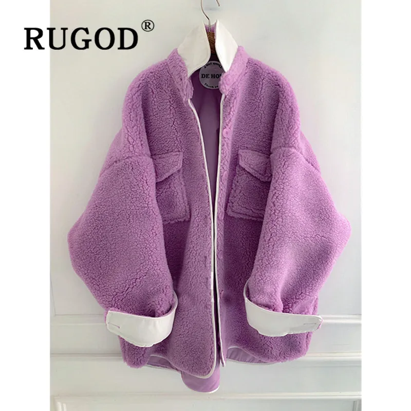 RUGOD, Осень-зима, стиль, шикарное длинное пушистое пальто из овечьей шерсти, одноцветное, отложной воротник, контрастный цвет, корейский стиль, женская мода