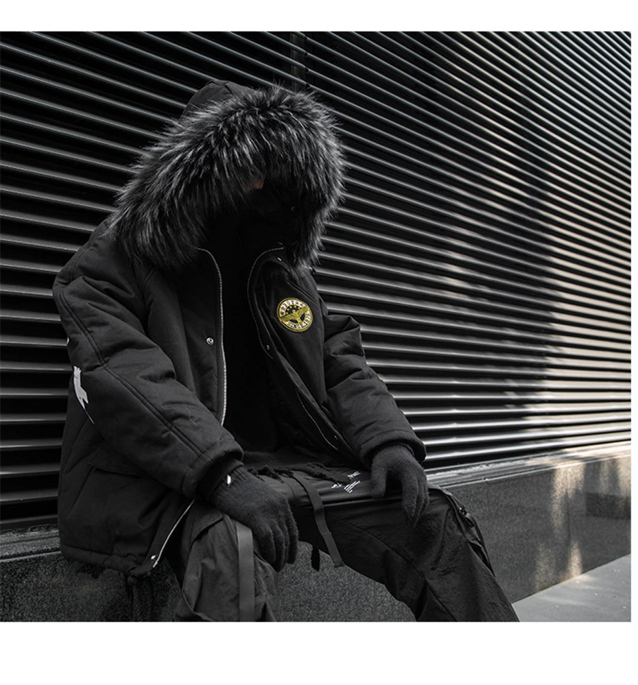 Парка с меховым воротником в стиле хип-хоп зимняя Толстая куртка мужская теплая куртка с буквенным принтом куртки и пальто мужская одежда черный MG300