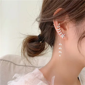 

2020 New Korean Gold Silver Color Pin Color Imitation Pearls Leaves Tassel Hook Up Drop Earrings for Women Fashion Jewelry Party
