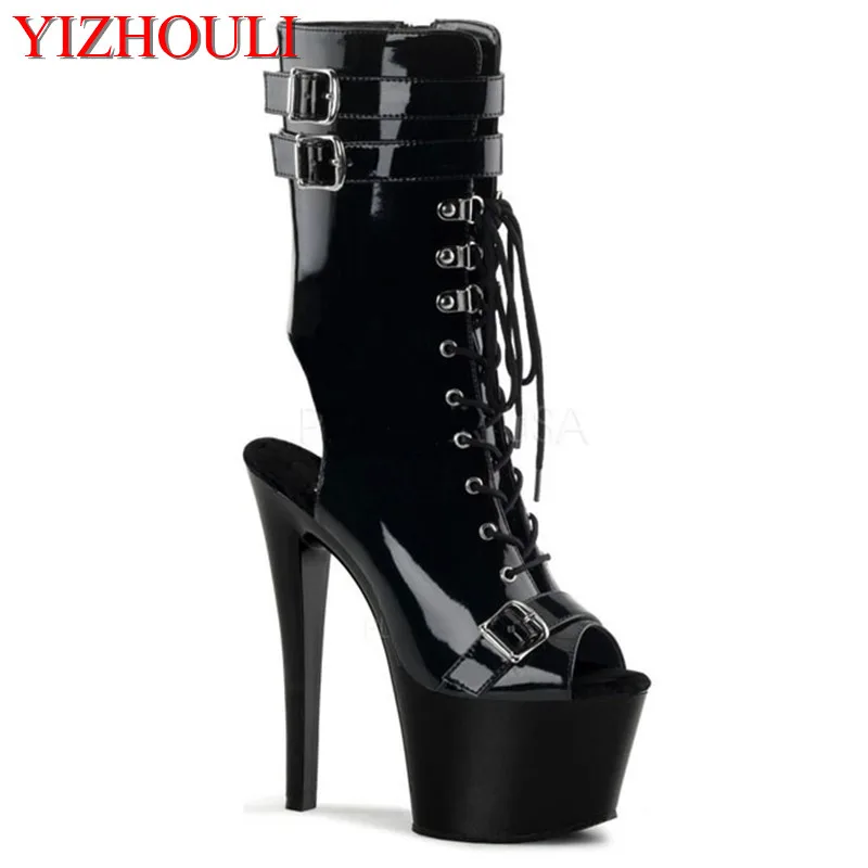 

17cm high heels stage shoes, fashionable buckled ankle boots, sexy model stage show shoes, pole dancing, party ankle boots