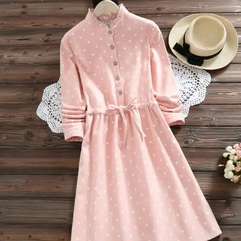 

Autumn and Winter Frocking Dress Women Pink Polka Dot Lace-Up Slim Waist Cotton Dresses Long Sleeved Fall Vestidos AH260