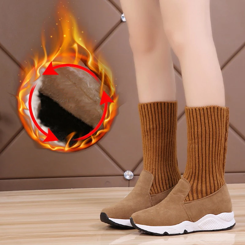 

Sooneeya Autumn Winter Warm Sock Boots Flat Bottom Round Toe Women Flat Snow Ankle Boots Non-slip Fur Boots Women Tenis Feminino