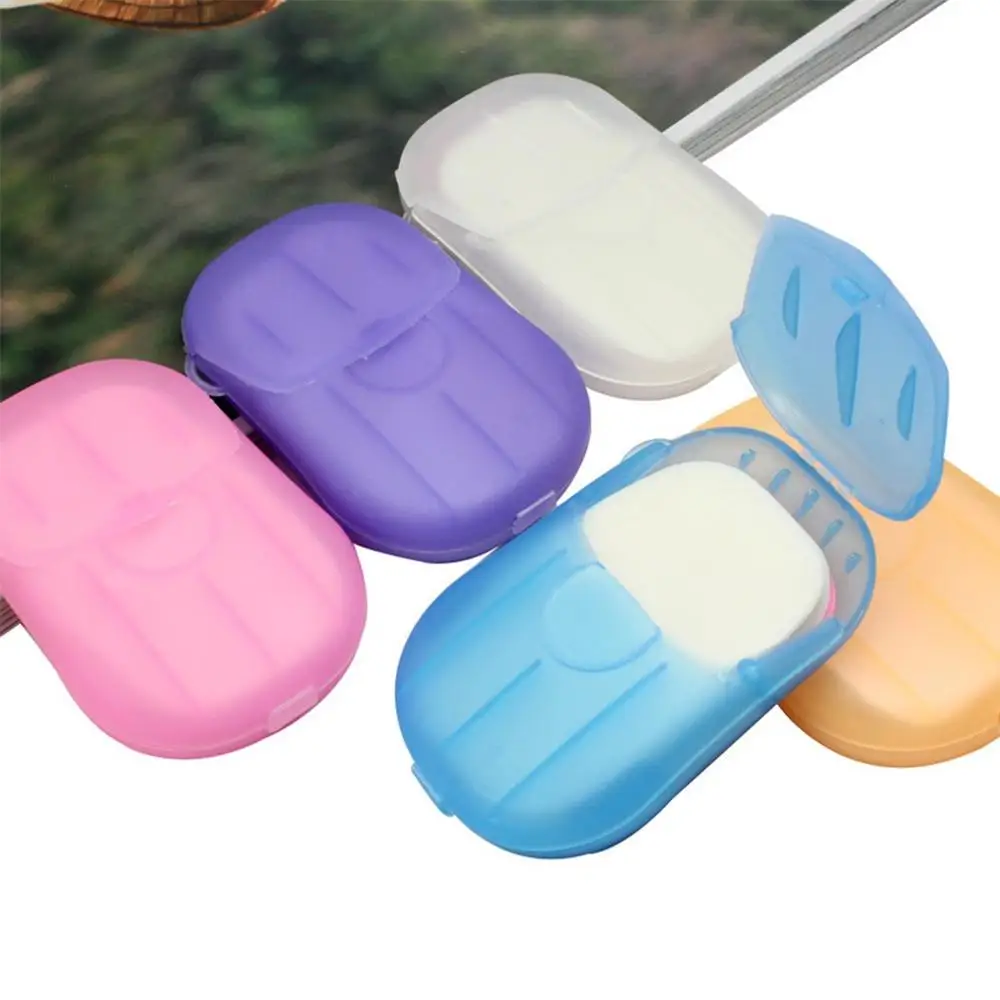 1 caja = 20 piezas de desinfección de jabones de lavado de manos Mini desechable perfumada rebanada de hojas de espuma de jabón caso de papel