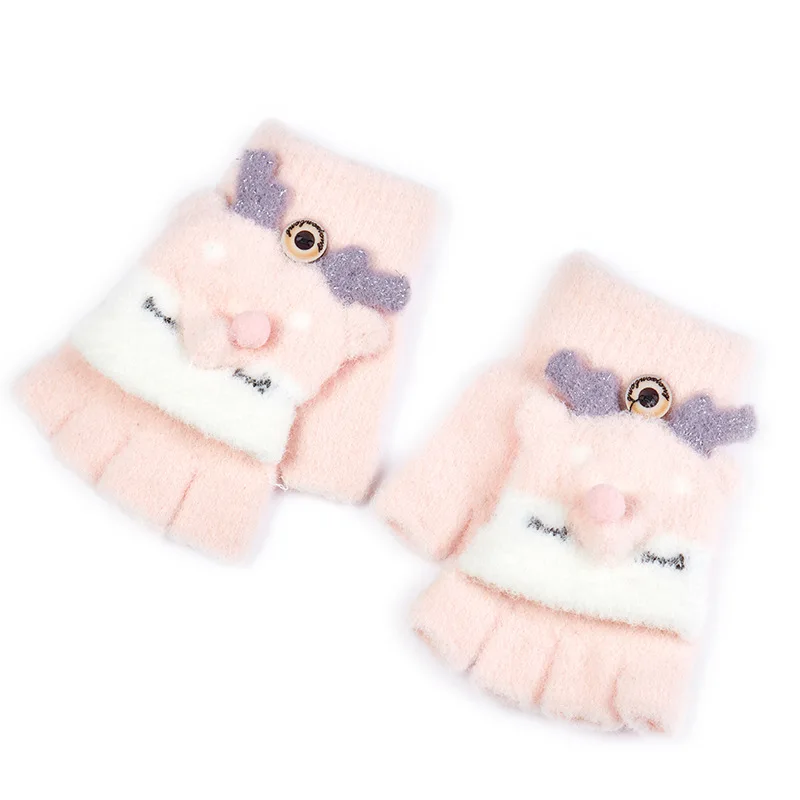 Lovely 4-9 Years Old Children Winter Warm Cartoon Fox Knit Mittens Boy/Girls Fur Wool Knit Kids Soft Half Finger Flip Gloves I40