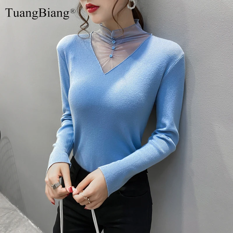 

Button Mesh Lace Patchwork Turtleneck Pullovers Sexy Women 2020 Long Sleeve Hollow Out Sweaters Slim Winter Elastic Knitted Tops