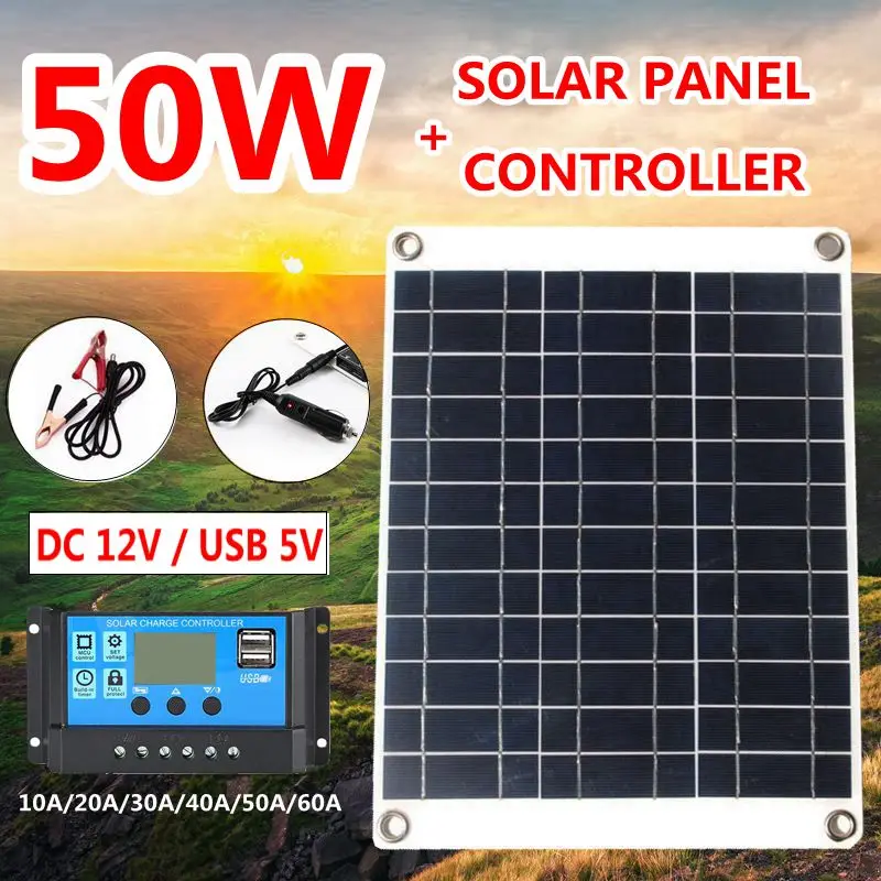 50W Portable Solar Panel Kit 12V/5V Dual USB Charger Waterproof Cells Phone Power Bank with 10A-60A Controller | Электроника