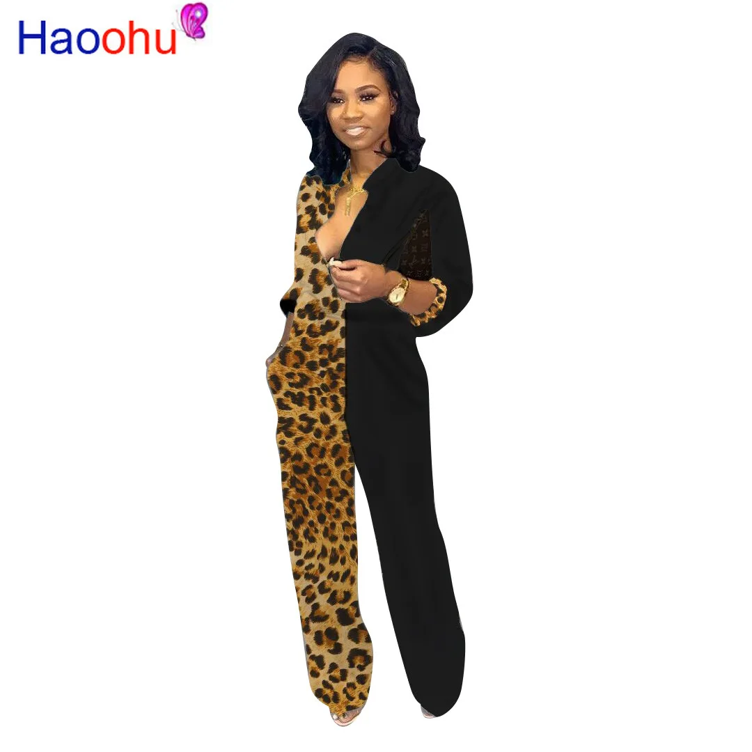 

HAOOHU Autumn Winter women Leopard Print Patchwork Long Sleeve Wide Leg Button Jumpsuit Sexy Club Night Straight Romper Playsuit