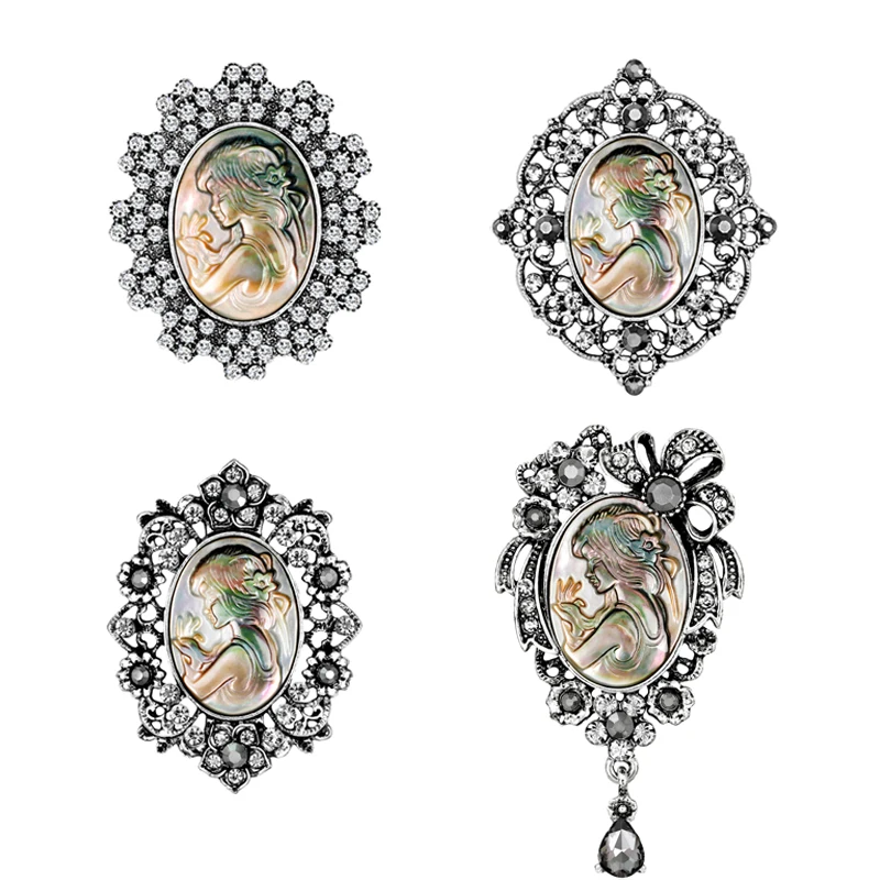 Shell Beauty Head Brooch Queen Setting Girl Cameo Hollow Out Flower Vintage Style Elegant Wedding Bouquet Pins | Украшения и