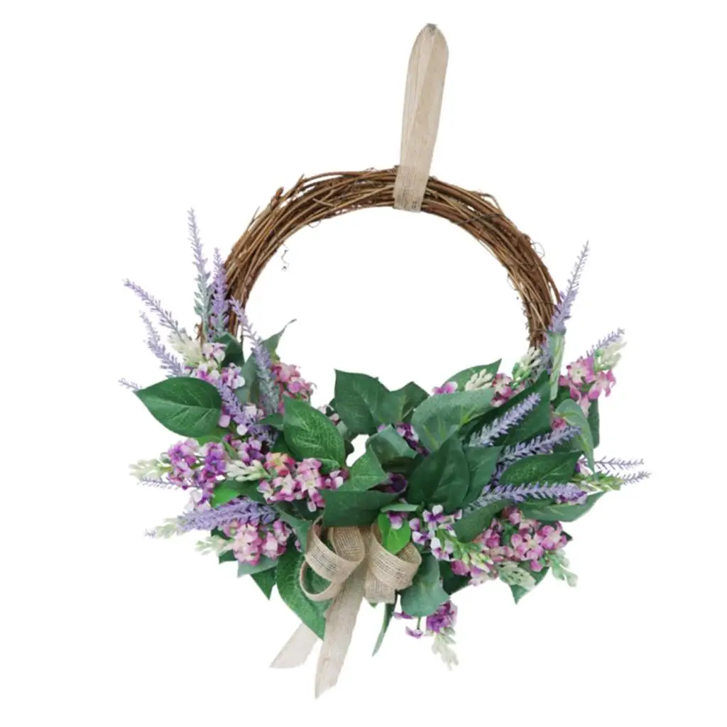 Handmade Lavender Wreath Floral Artificial Simulation Garland Wreath with Rattan Ring and Bow Ribbon