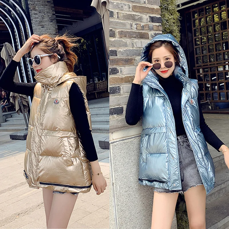 

Down Feather Cotton Waistcoat Women's Autumn And Winter New Style Korean-style Loose-Fit Hooded Thick Cotton Overcoat Bright Sur