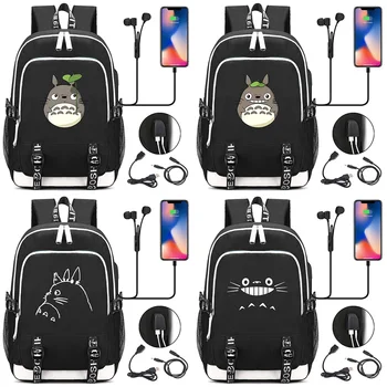 

New Cartoon Kawaii Totoro Printed USB Headphone Jack Boy Girl Kids School bag Women Bagpack Canvas Men Backpack Packsack Bookbag