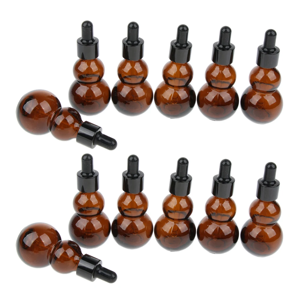 12pcs Gourd Shaped Glass Refillable Empty Dropper Bottles Essential Oil Cosmetic Makeup Perfume Container Vials Amber Color