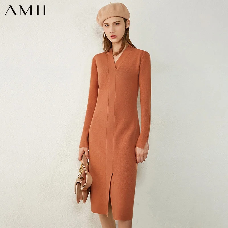 Amii Minimalism Autumn Winter Women's Dress Fashion Vneck Knitted Slim Fit Dresses For Women Temperament Sweater Dress 12040639 Amii Minimalism Autumn Winter Women's Dress Fashion Vneck Knitted Slim Fit Dresses For Women Temperament Sweater Dress 12040639