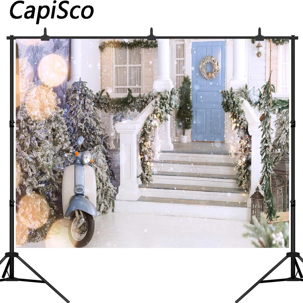 Фон для рождественской фотосъемки с изображением двери венка снежинки детского