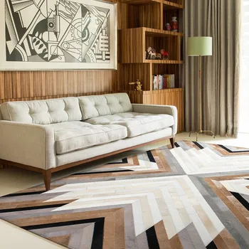 

American retro style luxury cowhide patchwork rug, real cow leather carpet for living room decoration villa area rug