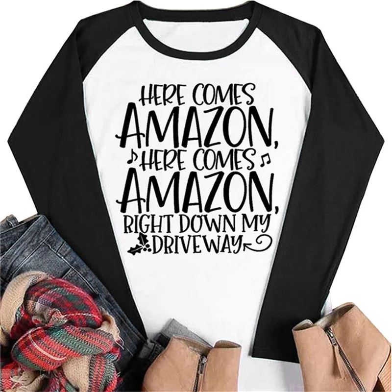 Here Comes Amazon Here Comes женская футболка с буквенным принтом с круглым вырезом и рукавом реглан, женские футболки в стиле Харадзюку, винтажная модная женская рубашка - Цвет: Черный