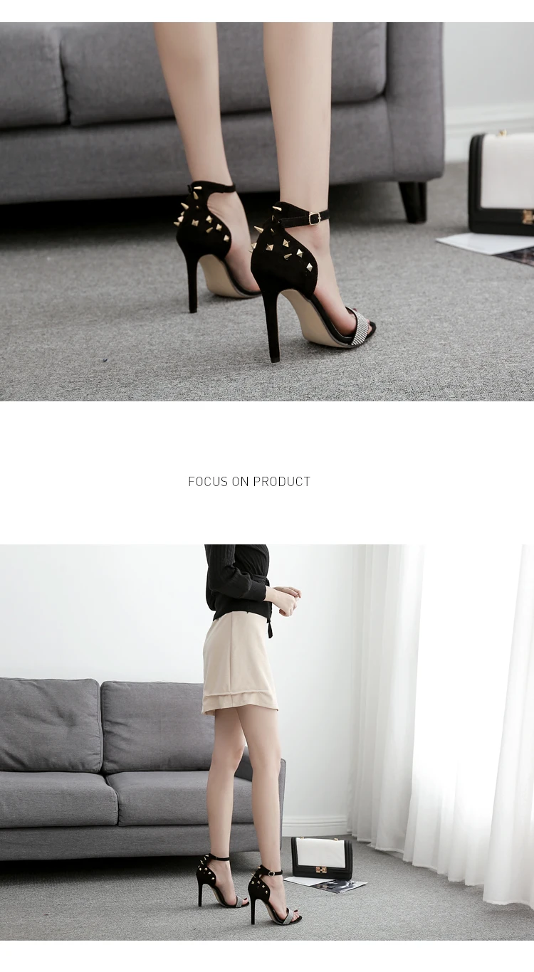 W- Explosive summer wild breathable fashion outdoor luxury personality daily rhinestone rivet word high-heeled sandals women
