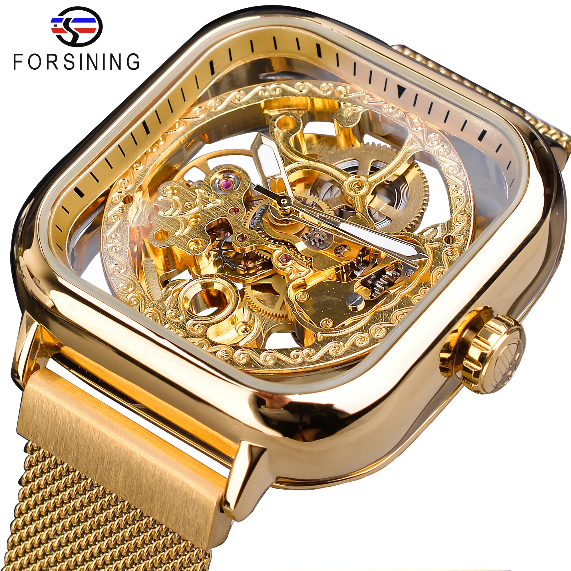 Forsining Square Luxury Golden Men Transparent Skeleton Unique Automatic Mechanical Luminous Watch Magnetic Mesh Belt Clock Male forsining blue ocean mysterious apple mesh band double side transparent creative skeleton watch top brand luxury automatic clock