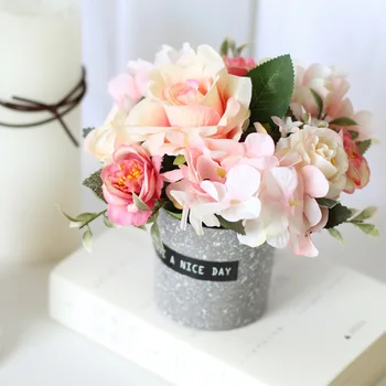 

you hua se Hydrangea Rose Mixed Flowers Imitation Flowers Bonsai Case Decoration Crafts Ornament Potted Plant Living Room Sample