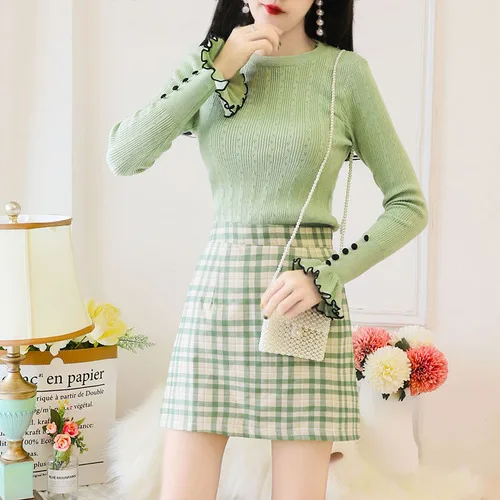 

Women's Outfit Fashion Ruffles Long Sleeve Button Slim Korean Knitted Pullovers+High Waist Plaid Tweed Mini Skirt Set Female New