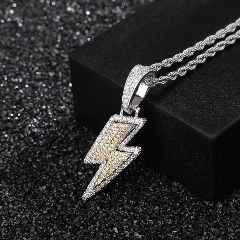 Хип хоп микро Pave AAA CZ камень Bling Iced Out подвеска «молния» ожерелье для мужчин Rapper ювелирные изделия Прямая золото серебро