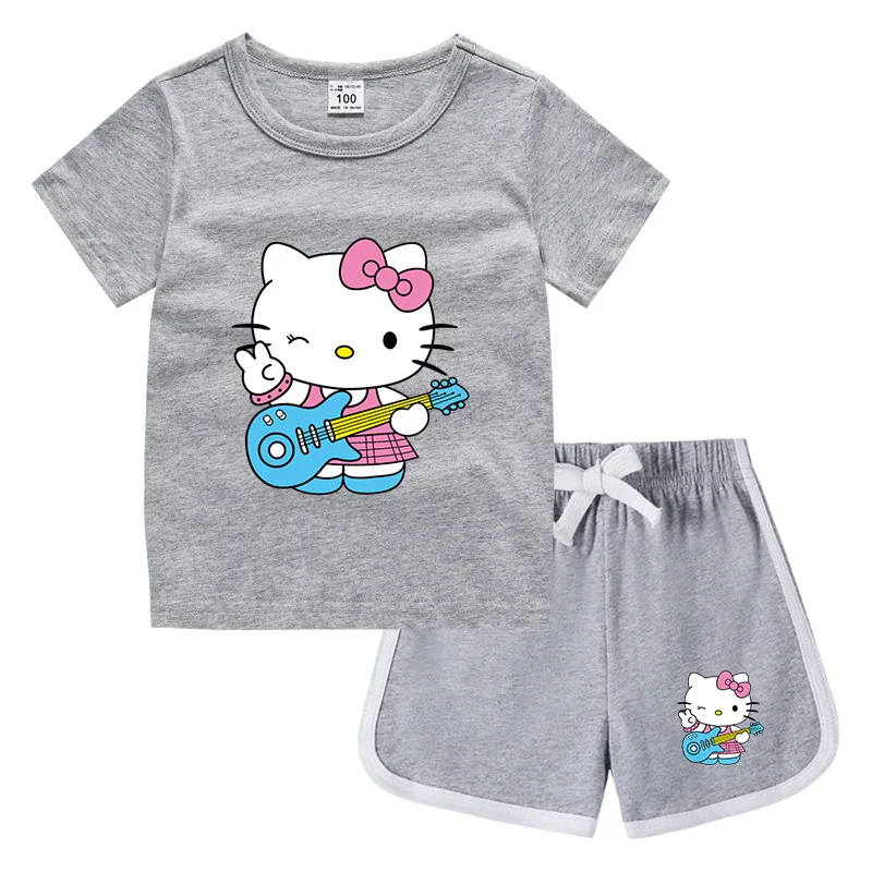 thumbnail image 1 of Hello Kitty-Camiseta informal con cuello redondo y pantalones cortos para niños y niñas, conjunto de camisa de fondo absorbente de algodón puro, informal, 1 of 5