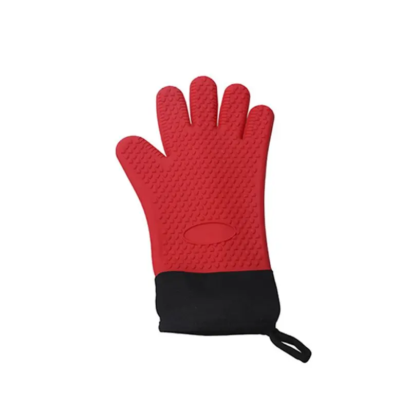 Красный 1Pc 1Pc Food Grade Thick Heat Resistant Silicone Glove Full Fingered Baking BBQ Anti-Skid Oven Cooking Mittens Non-Slip Cotton - Цвет: Красный
