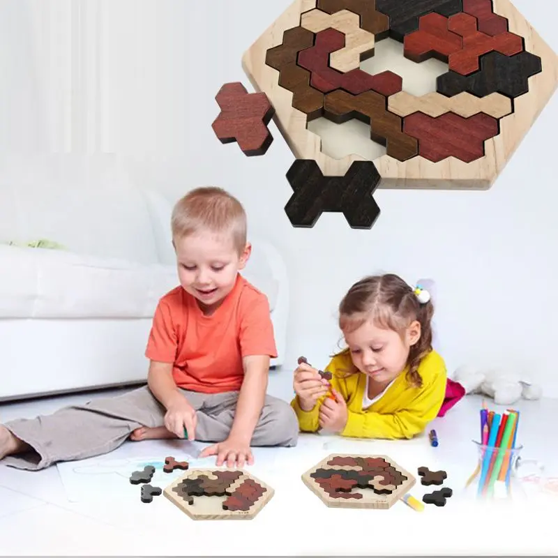 Деревянные головоломки игрушки для детей взрослых, 14 шт красочные шестиугольник забавная Геометрическая логика танграммы столик-головоломка IQ игра Монте