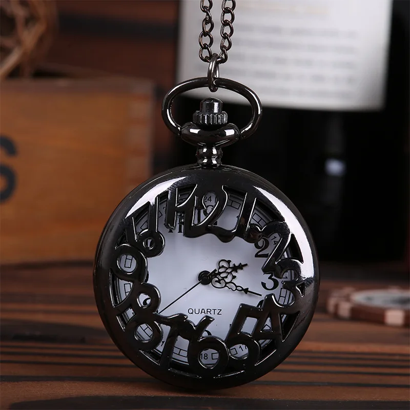 

Black Craved with Big Arabic Vintage CreativeNumeralsDesign Fashion Quartz Pocket Watch with Necklace Chain