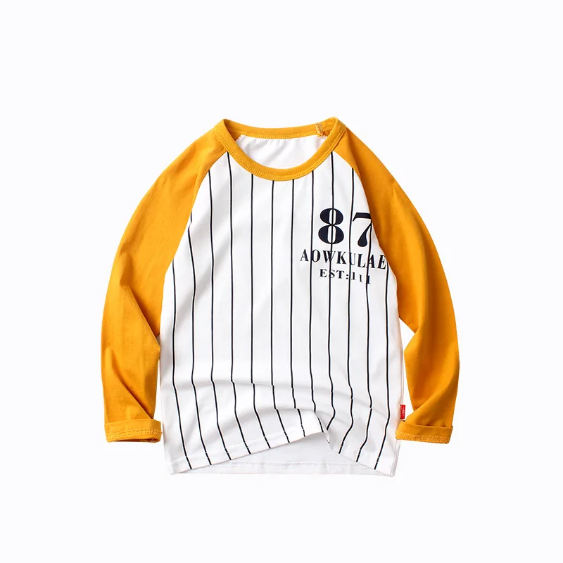 GLO-STORY, Осенние Топы для мальчиков, полосатые футболки в стиле пэчворк с надписями, детская одежда, хлопок, 120-160 см - Цвет: White Yellow