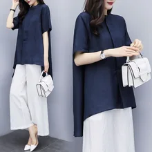 Summer Casual Two Piece Sets Women Short Sleeve Loose Long Shirt Tops And Wide Pants Suits Casual Vintage Solid Women's Sets Summer Casual Two Piece Sets Women Short Sleeve Loose Long Shirt Tops And Wide Pants Suits Casual Vintage Solid Women's Sets