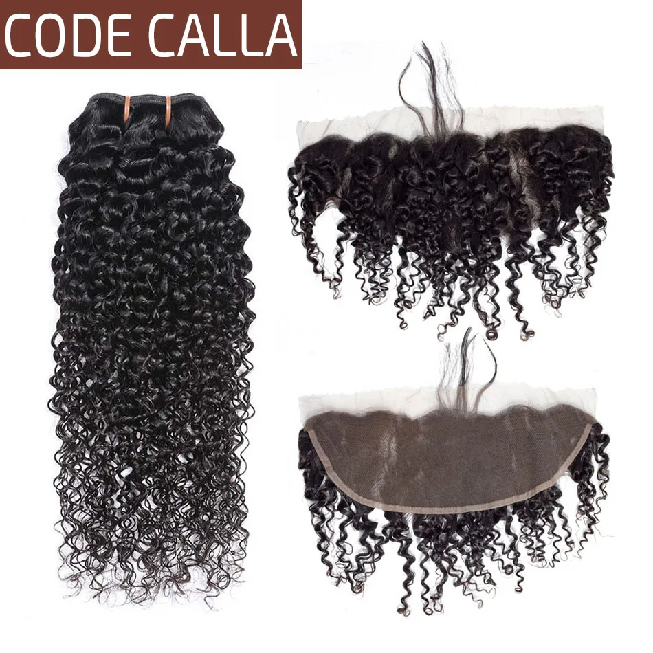

Code Calla Kinky Curly Hair Bundles with Lace Frontal Indian 100% Remy Human Hair Extension Bundle Deal Natural Black For Women