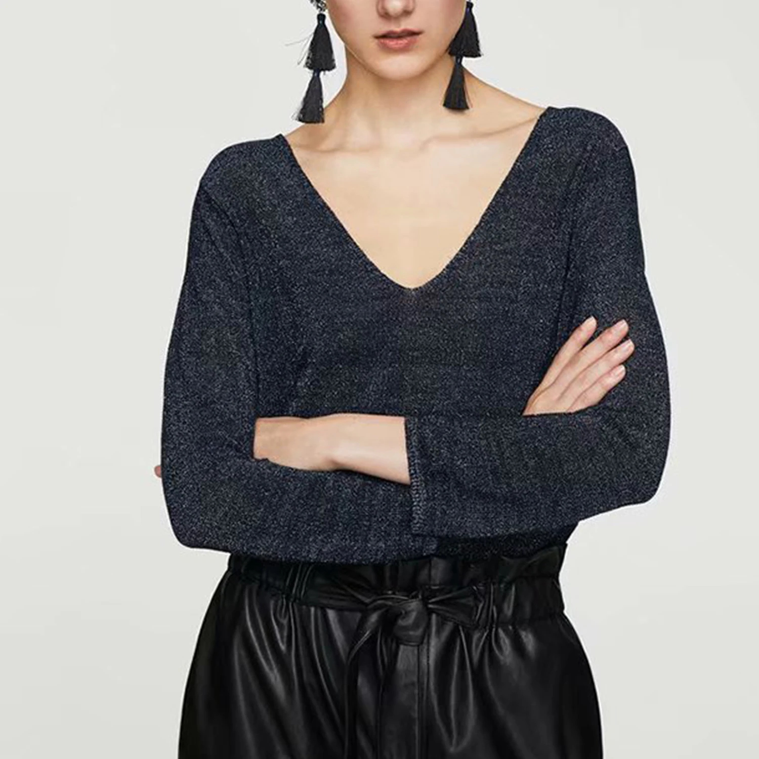 

Spring Autumn Za thin style knitted sweater women V neck Interwoven shiny silk fitted slim chic lady Casual sweater femme