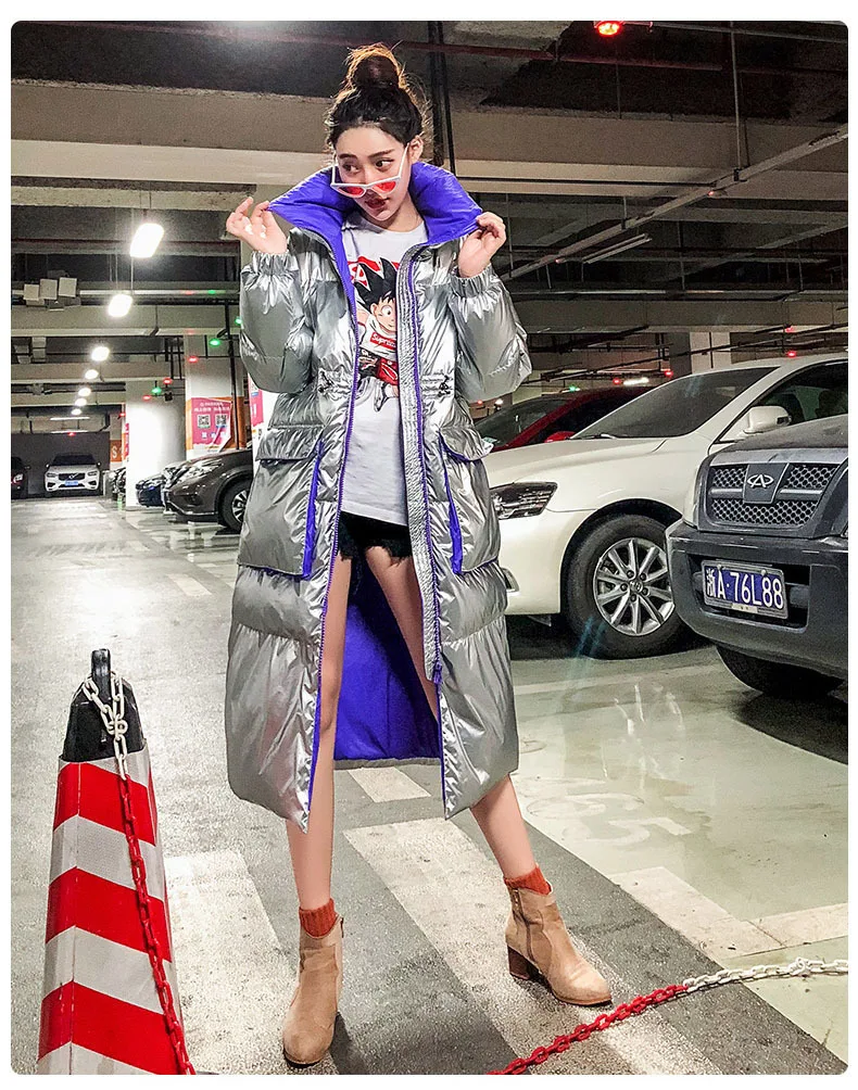 Женское зимнее черное свободное пуховое пальто Модные уличные длинные водонепроницаемые накладки ветрозащитный пуховик женская серебряная верхняя одежда YRF52
