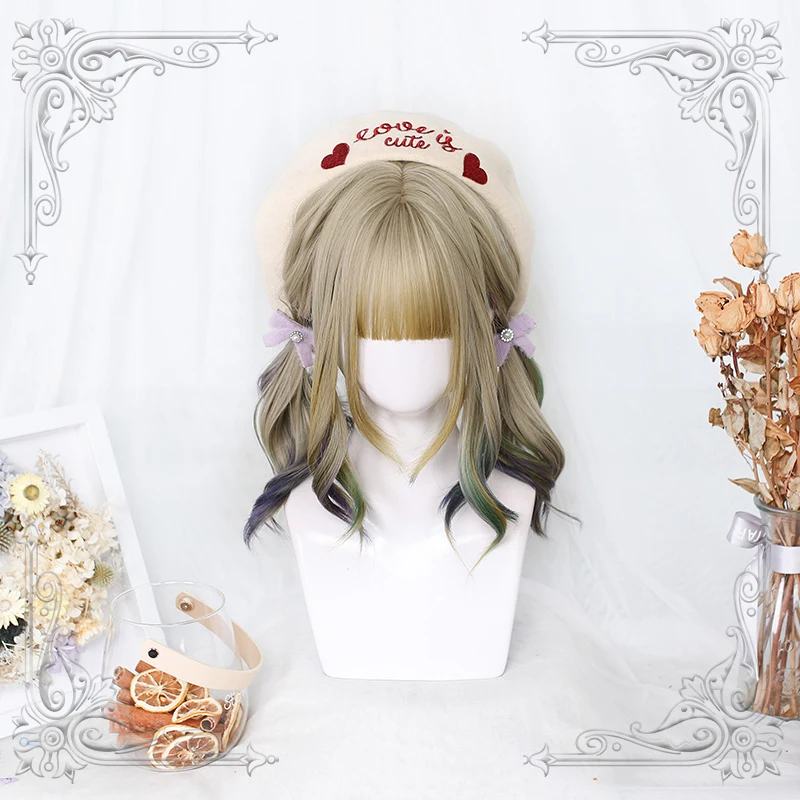 

Female Medium-Length Wavy Curly Golden Bangs Wig Hair Tail Colorful Gradual Change Women Wigs Lolita Cosplay Party