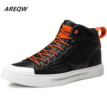 

2019 Spring and Autumn High Fashion Trend Men's Casual Shoes Leather Non-slip Breathable Solid Color Flat-bottomed Sneakers