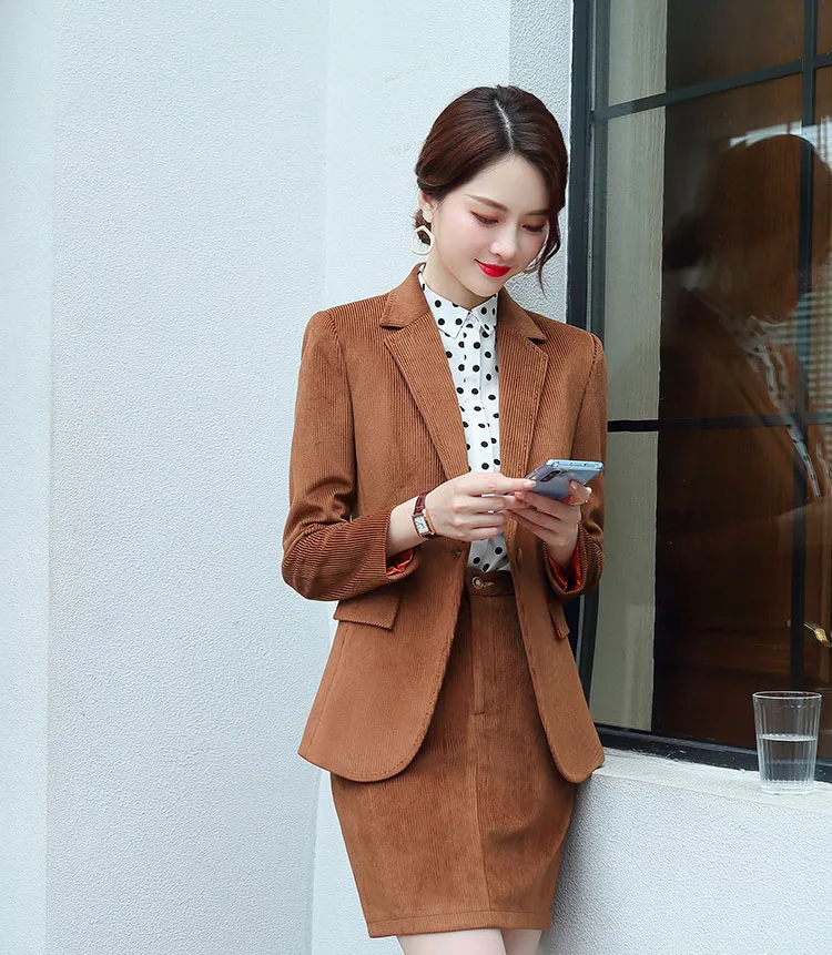 brown coat and skirt IZICFLY, стиль, осенне-зеленые женские деловые костюмы, формальные офисные костюмы, деловой Блейзер, комплект, Униформа, дизайн, элегантный брючный костюм, плюс размер - Цвет: brown coat and skirt