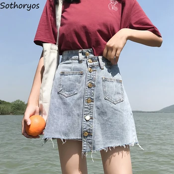 

Skirt Women A-line Summer New Fashion Pockets Button Womens Denim Skirts Korean Style Comfortable Mini Empire Females Hot Sale
