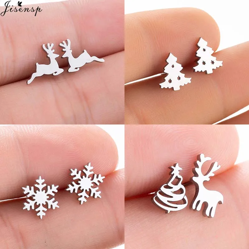 Jisensp Merry Christmas милые серьги из нержавеющей стали с лосем и елкой модные ювелирные изделия для женщин серьги-гвоздики с животными