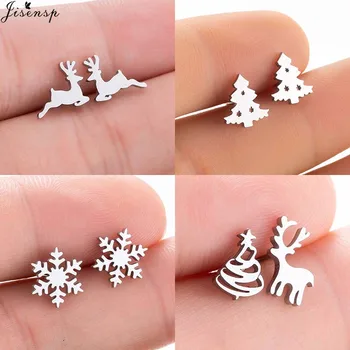 

Jisensp Merry Christmas Lovely Elk and Christmas Tree Stainless Steel Earrings Fashion Jewelry for Women Animal Stud Earrings