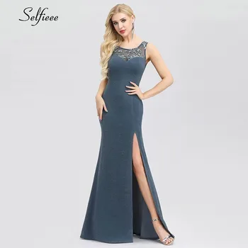 

Sexy Fashion Dusty Blue Sparkle Maxi Dresses O-Neck Sleeveless Side Split Elegant Bodycon Summer Dresses Vestidos De Festa 2020