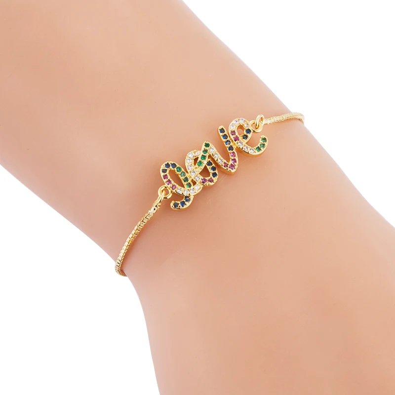 2020 New Design Fashion Gold Color Bracelet and Bangle for Woman Adjustable Letter Love Copper Zircon Pull | Украшения и