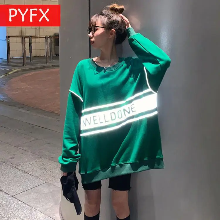 

Autumn thin section loose reflective strip letters long sleeve round green neck top Street hip hop style Women's long Sweatshirt