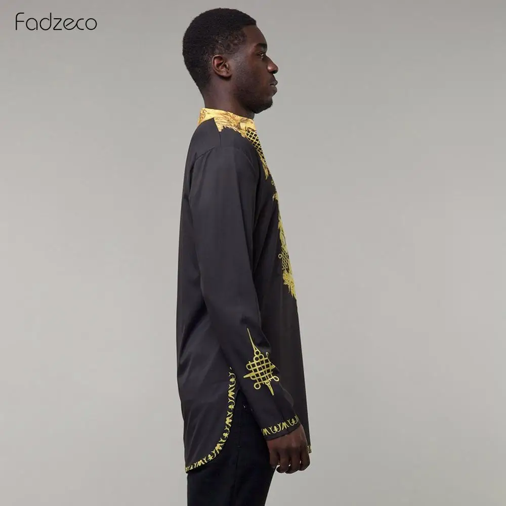 Fadzeco африканская одежда размера плюс Дашики мужской топ с v-образным вырезом и длинными рукавами этнический принт африканская Мужская рубашка Золотое кружево Повседневная