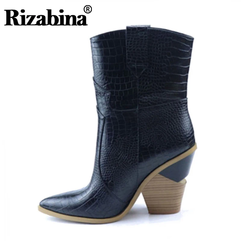 Женские сапоги до середины икры RIZABINA Размеры 33-46 Зимние Модные теплые на каблуке