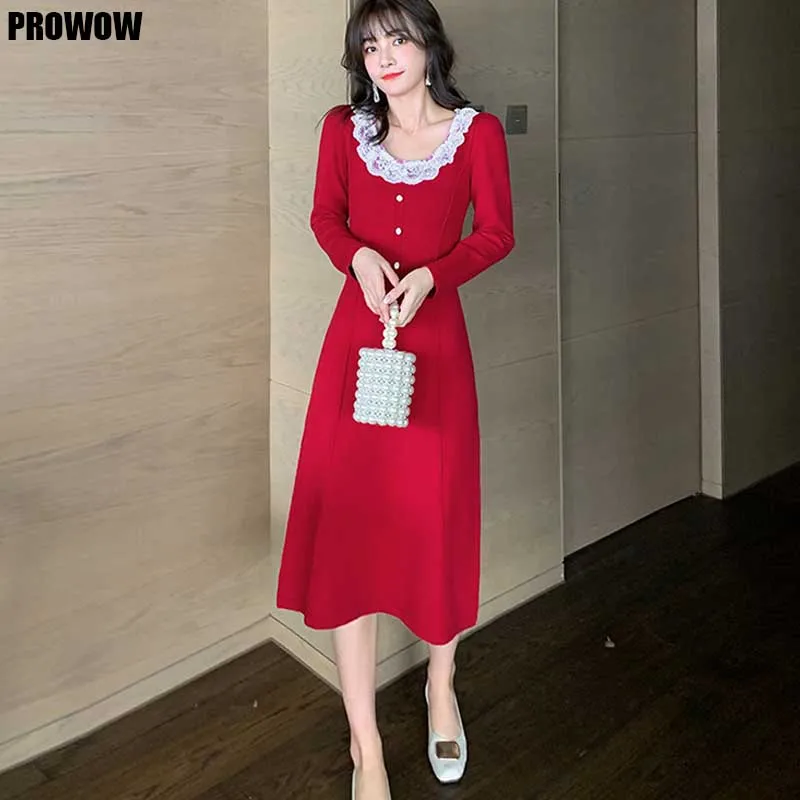 2020 Dress Autumn Winter Long Sleeve For Women Lace Stitching Square Collar Slim Dress Korean French Elegant Party Knitted Dress
